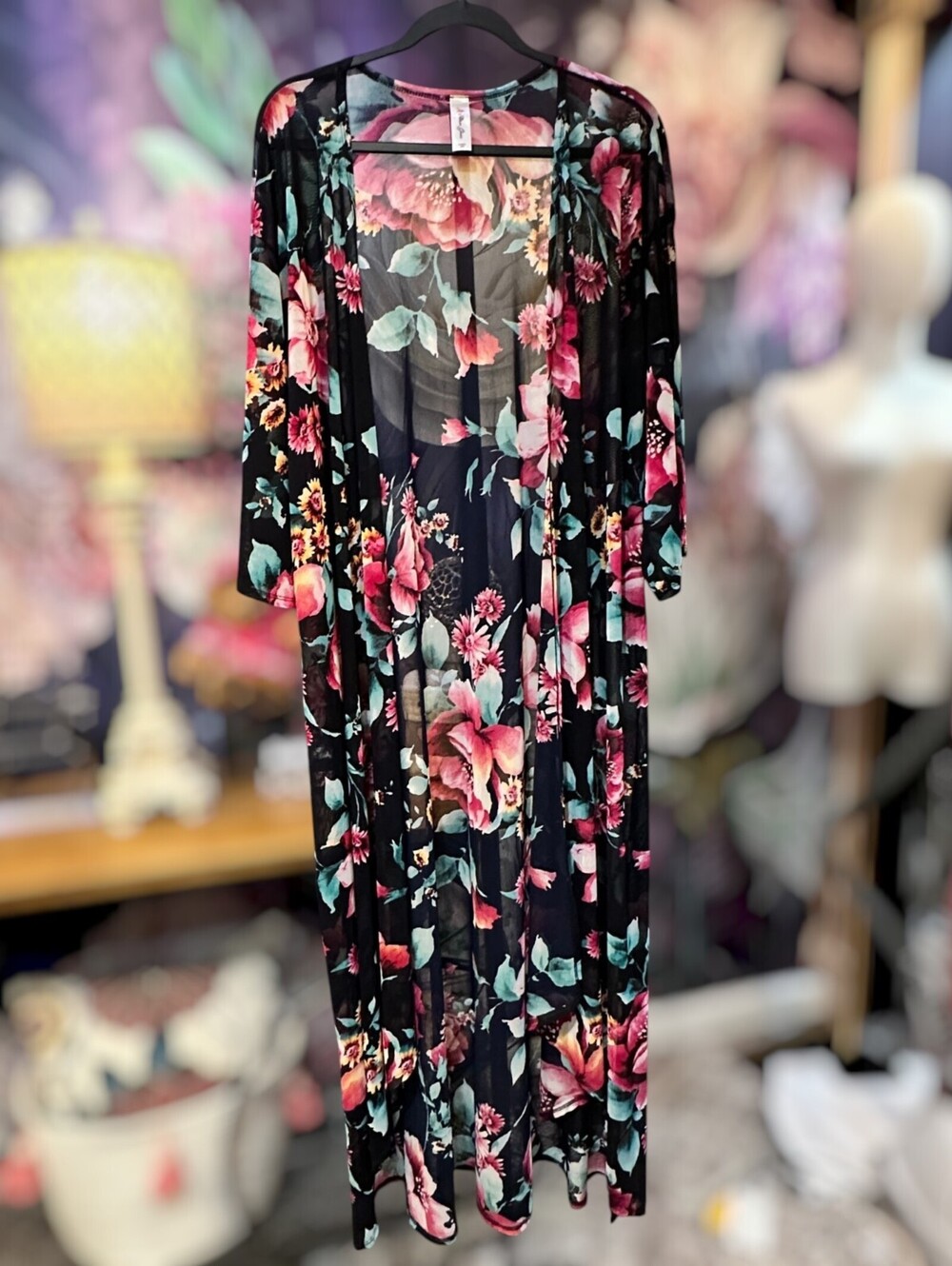 Allison Grace Black Floral Kimono Duster Sheer Mesh Open Front Boho Romantic USA